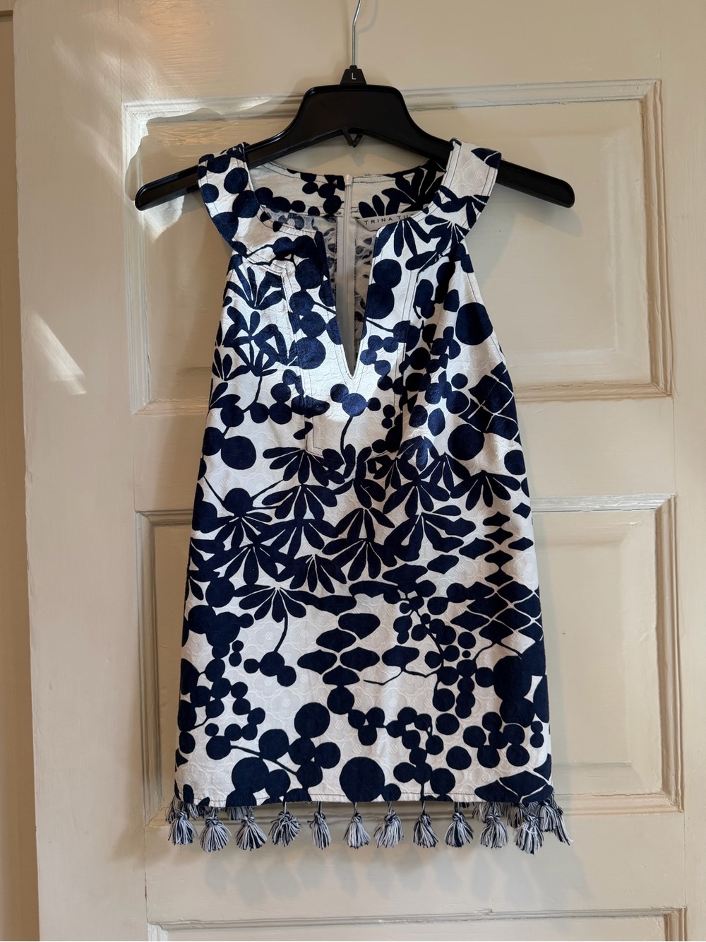 Trina Turk Navy and White Floral Tassel Halter Tunic